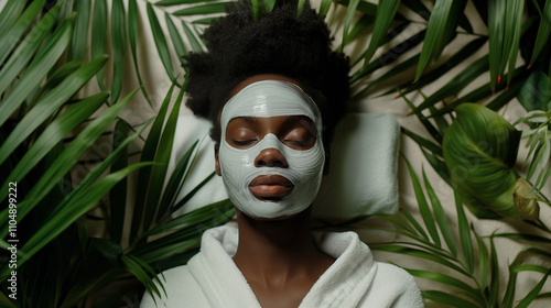 Young dark-skinned woman with cosmetological white mask on her face and closed eyes lays in the spa in white robe for beauty procedures