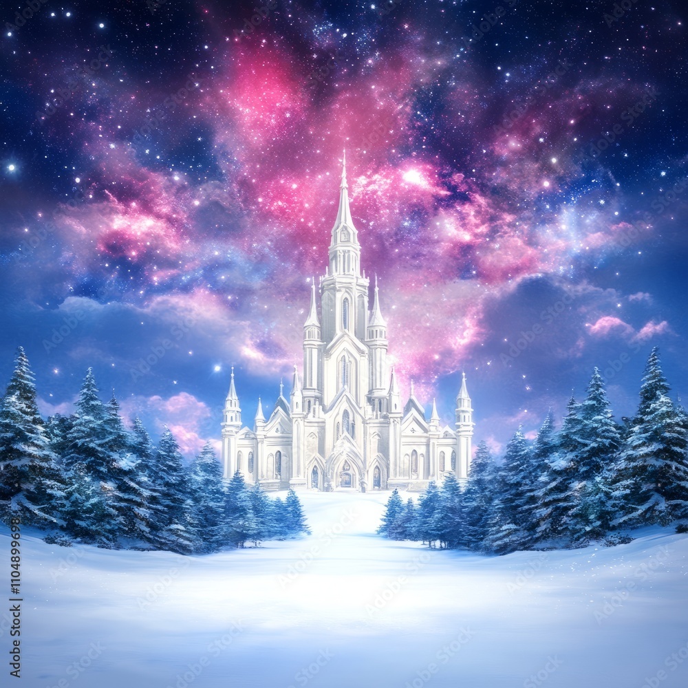 Fototapeta premium Magical winter castle scene under a vibrant starry sky.