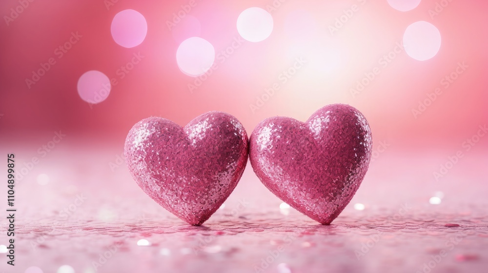 Two Hearts On Pink Glitter In Shiny Background - Valentine's Day Concept Two Hearts On Pink Glitter In Shiny Background - Valentine's Day Concept
