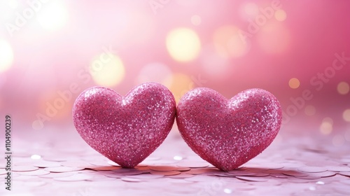 Two Hearts On Pink Glitter In Shiny Background - Valentine's Day Concept