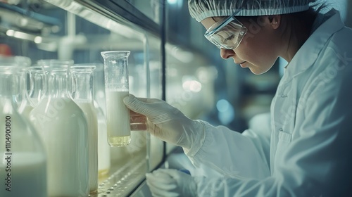A food scientist at a dairy factory testing milk samples, ensuring the quality and purity of dairy products.