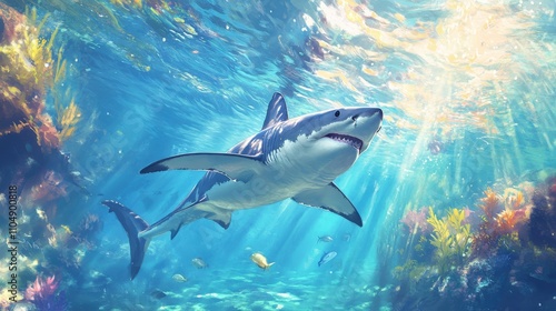 Wallpaper Mural Stunning Underwater Scene Featuring a Majestic Great White Shark Swimming Gracefully Among Vibrant Coral Reefs and Schools of Colorful Fish in a Sunlit Ocean Environment Torontodigital.ca