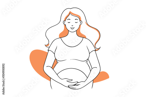 Line Drawing of Pregnant Woman Holding Belly - Vector Art Illustration photo