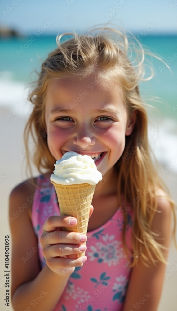 Young girl savoring an ice cream cone, beaming at the camera with the ocean waves in the background. Young girl savoring an ice cream cone, beaming at the camera with the ocean waves in the background.