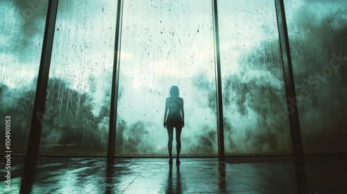 Backlit figure in front of rainstreaked window in melancholic setting photo