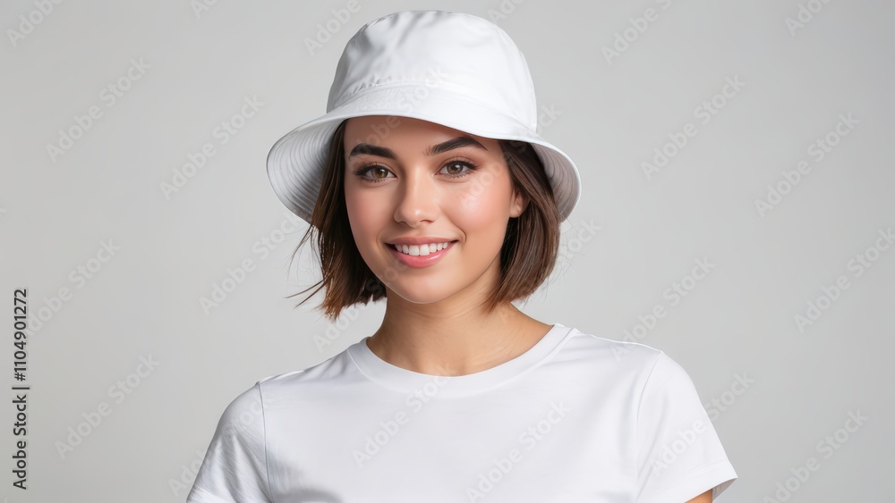 Young woman with short hair wearing white t-shirt and white bucket hat isolated on grey background Young woman with short hair wearing white t-shirt and white bucket hat isolated on grey background