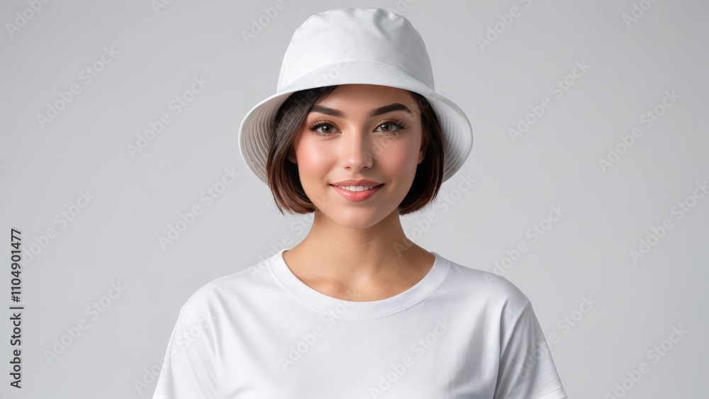 Young woman with short hair wearing white t-shirt and white bucket hat isolated on grey background Young woman with short hair wearing white t-shirt and white bucket hat isolated on grey background