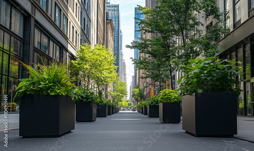 A tree-lined street with green plants in modern black planters on the sidewalk near an office building