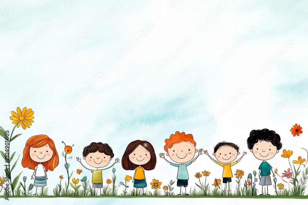 A whimsical watercolor scene of children waving goodbye in a field of flowers under a pastel sky A whimsical watercolor scene of children waving goodbye in a field of flowers under a pastel sky
