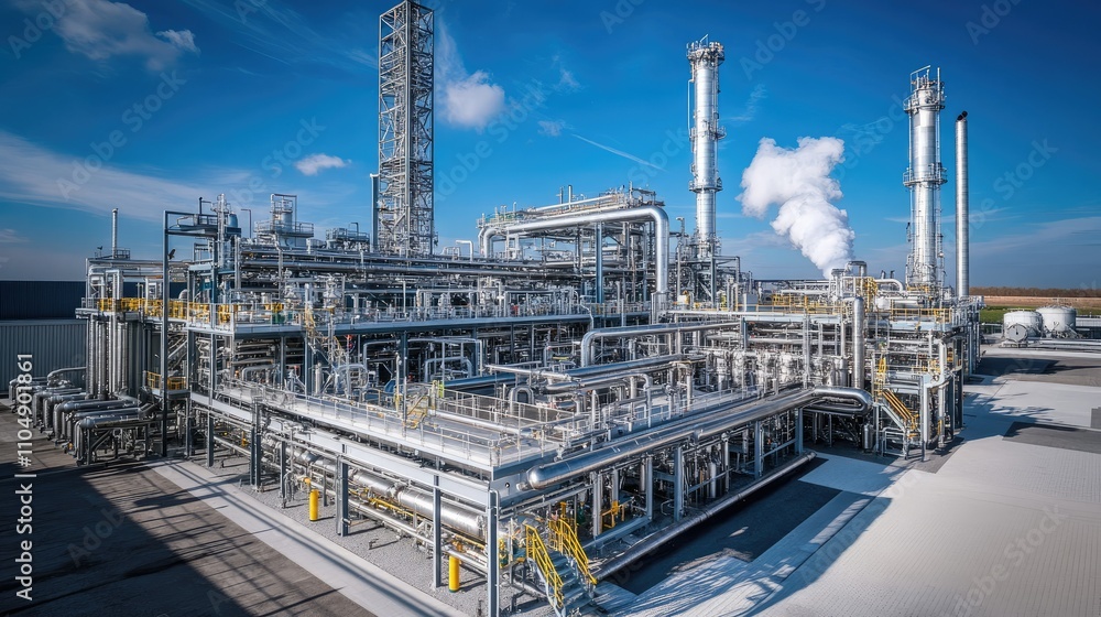 Fototapeta premium A modern hydrogen production plant with complex piping and high-tech equipment, focusing on the machinery involved in generating hydrogen energy