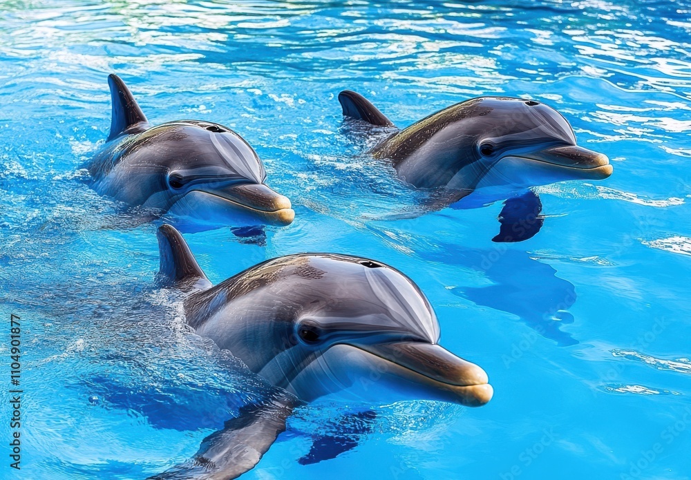 Obraz premium Three Playful Dolphins Swimming Together in Crystal Clear Blue Water of a Vibrant Marine Environment, Showcasing Their Graceful Movements and Intelligent Expressions