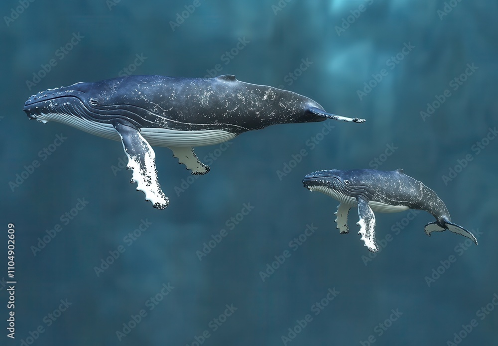 Obraz premium Two Humpback Whales Swimming Gracefully Underwater in a Serene Blue Ocean Environment Capturing the Majesty and Behavior of Marine Life in Nature
