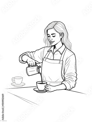 One single line drawing of young happy barista pouring hot coffee milk from coffeepot to cup above the table at cafe. Cafe drink concept. Dynamic continuous line draw vector design illustration