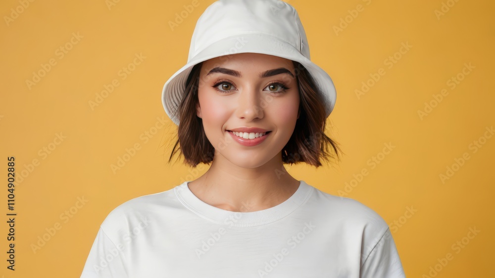 Young woman with short hair wearing white t-shirt and white bucket hat isolated on yellow background Young woman with short hair wearing white t-shirt and white bucket hat isolated on yellow background