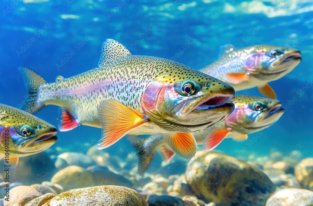 Underwater Image of Colorful Rainbow Trout Swimming in Clear Freshwater, Surrounded by Pebbles and Rocks, Showcasing Vibrant Colors and Natural Habitat Underwater Image of Colorful Rainbow Trout Swimming in Clear Freshwater, Surrounded by Pebbles and Rocks, Showcasing Vibrant Colors and Natural Habitat