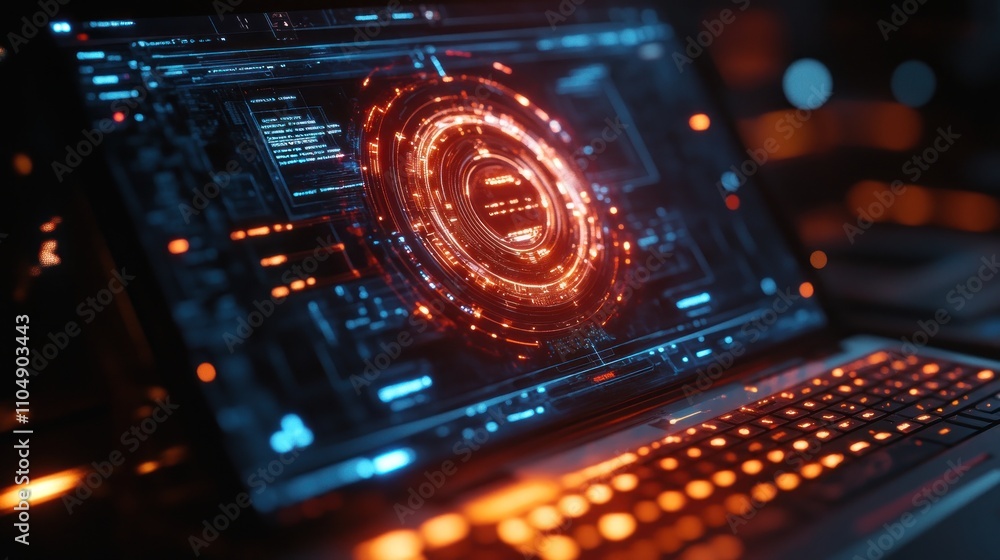 A close-up shot of a laptop screen with a glowing futuristic interface, showing digital data and a circular HUD. A close-up shot of a laptop screen with a glowing futuristic interface, showing digital data and a circular HUD.