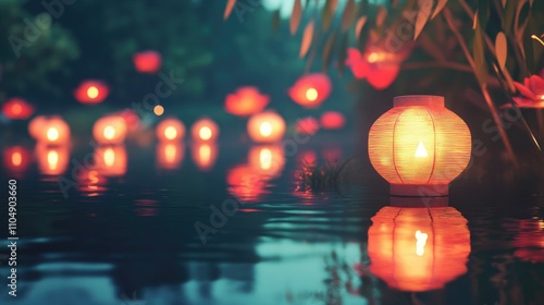 A serene and enchanting view of colorful Asian lanterns floating on the surface of a calm water body, symbolizing peace and light.