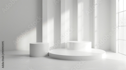 Sleek, minimalist 3D podiums in a clean, white space for a contemporary, high-end look