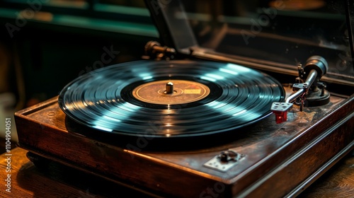 Vintage record player in dimly lit room with spinning vinyl