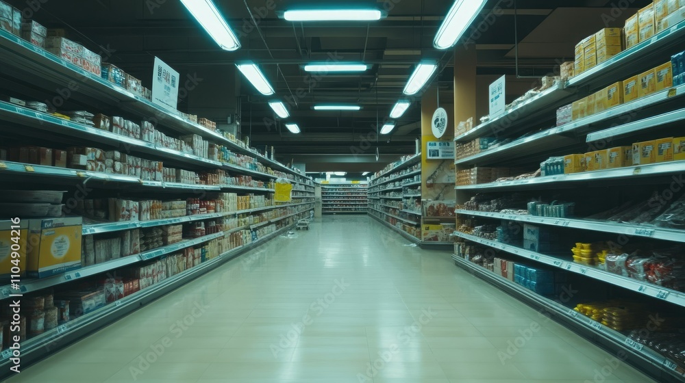 A wide-angle shot of vacant shelves in an empty supermarket, capturing a scene of abandoned goods and uncertainty. A wide-angle shot of vacant shelves in an empty supermarket, capturing a scene of abandoned goods and uncertainty.