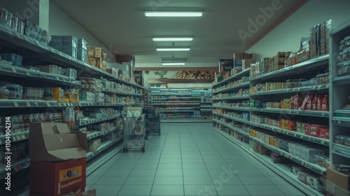 A wide-angle shot of vacant shelves in an empty supermarket, capturing a scene of abandoned goods and uncertainty.