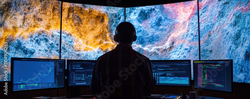 Analyzing earthquake data on multiple screens, seismologist studies seismic activity. vibrant visuals enhance focus on critical information