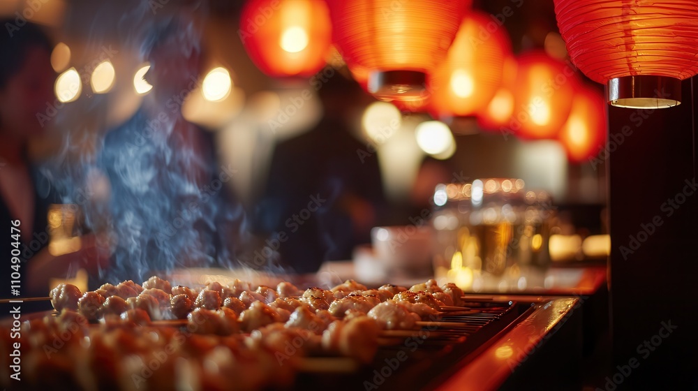Grilling delicious skewers at night restaurant kitchen food cozy ambience close-up culinary artistry Grilling delicious skewers at night restaurant kitchen food cozy ambience close-up culinary artistry