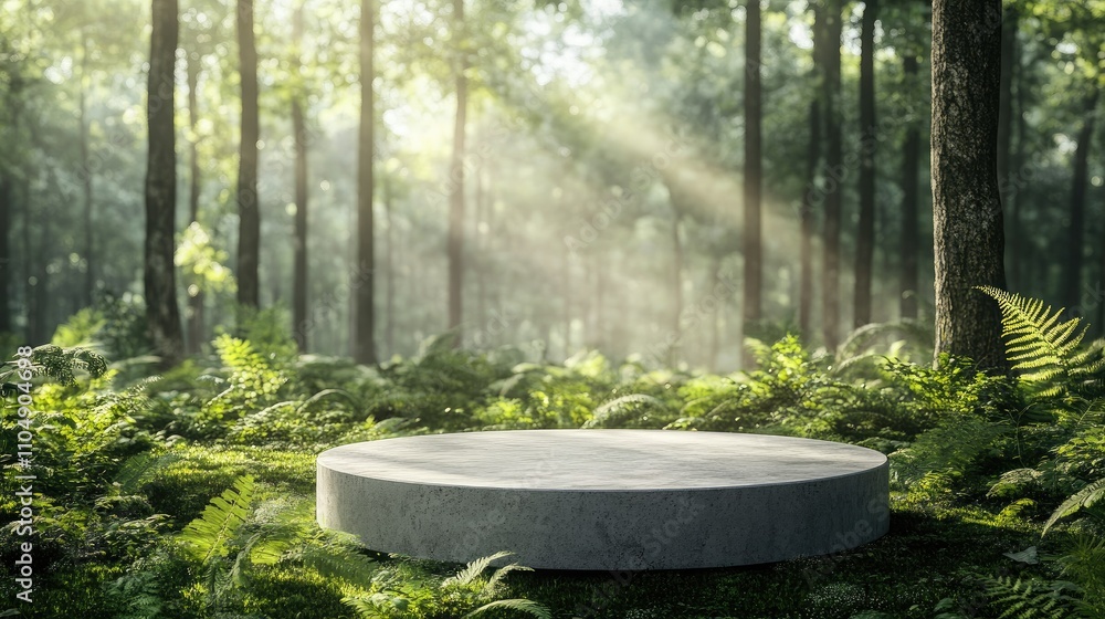 Bright and natural summer forest with a simple round plaster podium for showcasing products, perfect for a mockup Bright and natural summer forest with a simple round plaster podium for showcasing products, perfect for a mockup