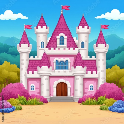 Pink fairytale castle with towers, surrounded by lush greenery and mountains under a blue sky.