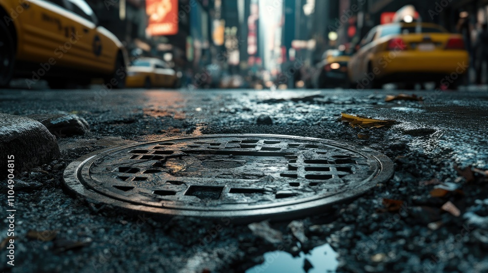 Close-up of a city sewerage hatch, showcasing a metal manhole cover in the middle of a busy street. Close-up of a city sewerage hatch, showcasing a metal manhole cover in the middle of a busy street.