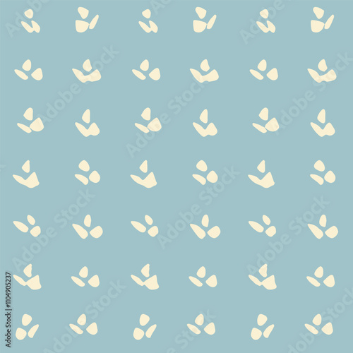 A floral motif with three petals painted in off white color over blue green background. Minimal floral blender pattern. A seamless vector pattern. Great for home decor, fabric, wallpaper, gift wrap.