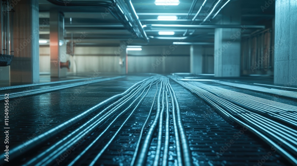 Fototapeta premium Close-up of an underfloor heating system with interconnected pipes laid out in a building's floor, showing a high-tech heating solution.