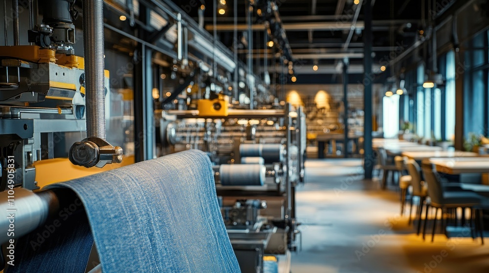 Naklejka premium Close-up of denim textile machinery in action, with fabric rolls and weaving process for making jeans fabric in the textile industry