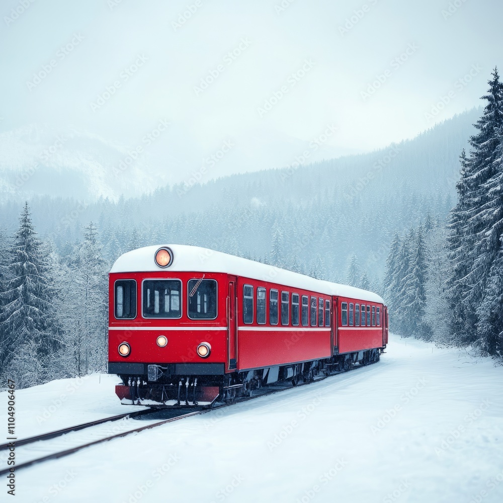 Red train on snowy mountain railway. Red train on snowy mountain railway.