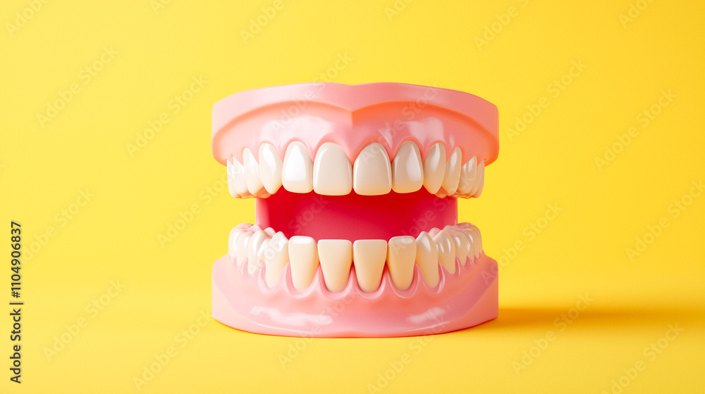 Obraz premium Fake teeth on bright yellow background.