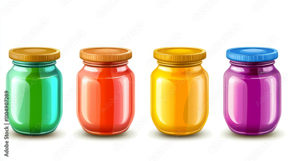 Set of glass jars with screw lids isolated on white background. Vector realistic illustration of color containers for jam, mayonnaise, pesto sauce, honey or paint, canned food storage pot mockup Set of glass jars with screw lids isolated on white background. Vector realistic illustration of color containers for jam, mayonnaise, pesto sauce, honey or paint, canned food storage pot mockup