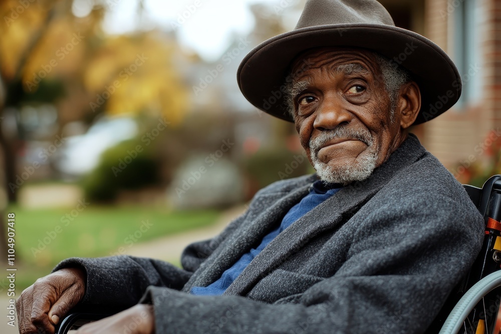 Elderly Black man in a hat, sits in a wheelchair outdoors. Portrays resilience, age, and dignity in later life. Elderly Black man in a hat, sits in a wheelchair outdoors. Portrays resilience, age, and dignity in later life.