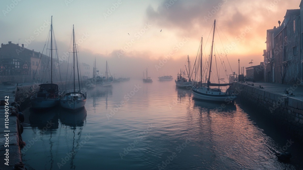 Serene foggy harbor dawn scene captured in wideangle shot Serene foggy harbor dawn scene captured in wideangle shot