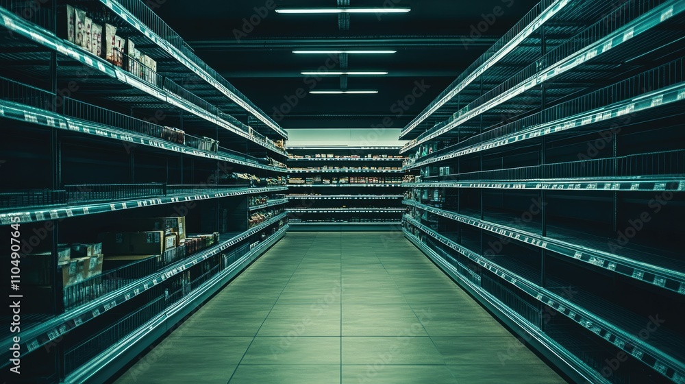 Empty grocery store shelves with bare racks, highlighting supply disruptions or store closure. No customers in sight. Empty grocery store shelves with bare racks, highlighting supply disruptions or store closure. No customers in sight.