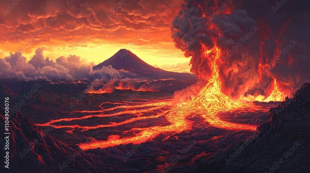 Flowing red hot lava from a volcano crater, creating fiery streams across the landscape, a captivating natural spectacle Flowing red hot lava from a volcano crater, creating fiery streams across the landscape, a captivating natural spectacle