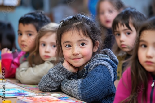 Smiling girl with other children in art class. Illustrates childhood, education, creativity.