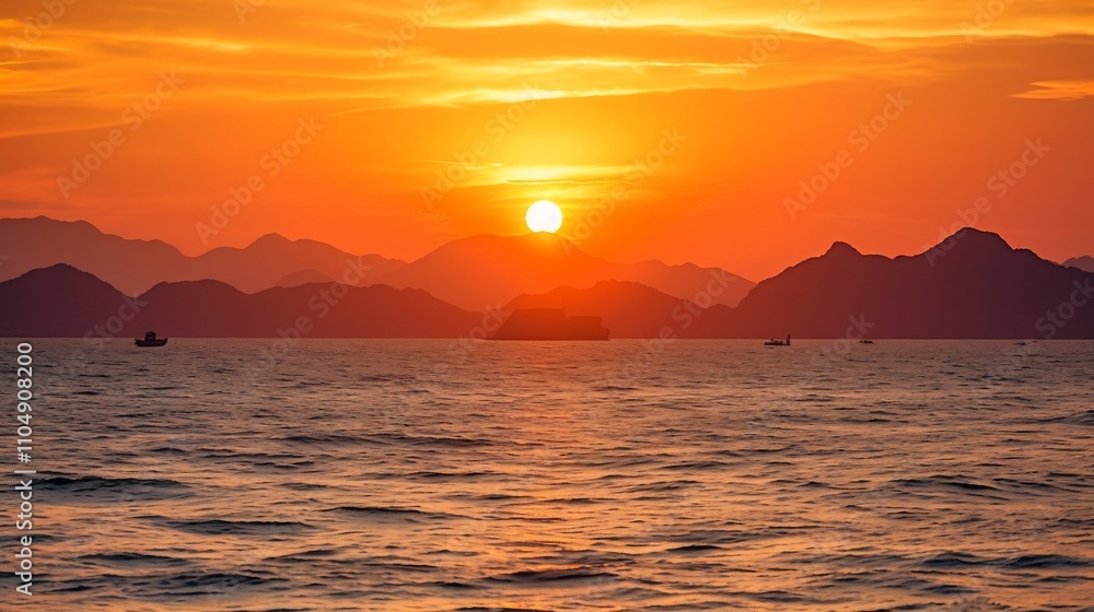 Naklejka premium Breathtaking tropical sunset with golden light reflecting off the calm sea and silhouettes of distant mountains on the horizon A serene and picturesque natural landscape scene