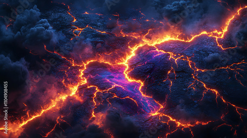 Lava crack with fire. Red volcano floor effect. Broken land and volcanic destruction on black background. Realistic thunderbolt energy line. Neon crash flame top view. Gold land break design