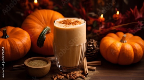 A spiced pumpkin smoothie resting on a rustic wooden table surrounded by autumn harvest details like leaves berries and other seasonal elements creating a warm and cozy atmosphere