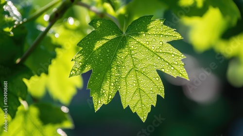 Macro shot of a green leaf with morning dew drops sparkling in the early light, offering a natural, organic aesthetic