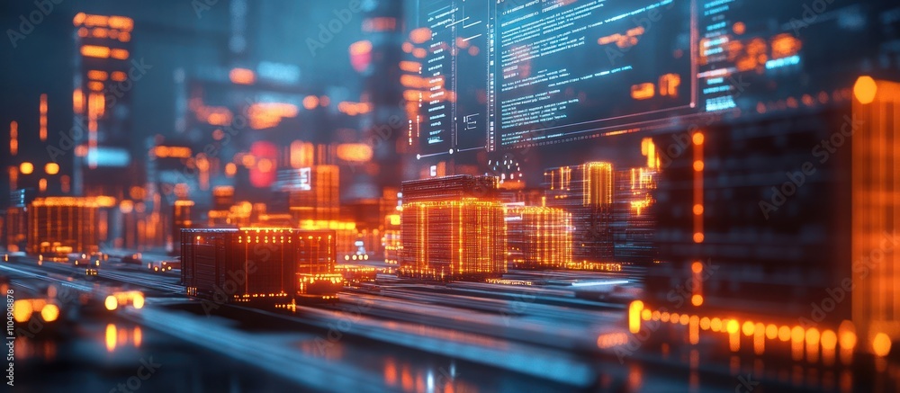 Naklejka premium Futuristic city skyline with glowing buildings and data screen.