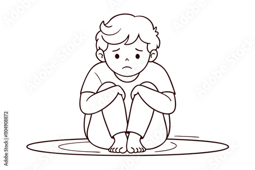 Sad Toddler Boy Line Drawing - Frustrated Child Sitting on Floor Hiding Face - Vector Illustration