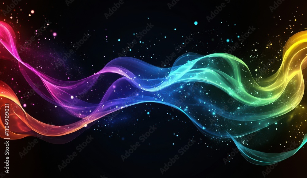 Fototapeta premium Vibrant Waves of Colorful Light on a Dark Background with Shimmering Particles for Abstract Art Projects and Creative Designs