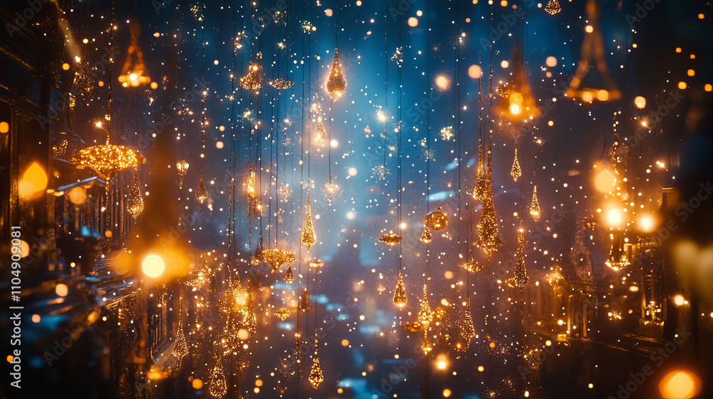 Blurred golden lights sparkling on black background. Vector realistic illustration of abstract shimmering dust, defocused stars at night, magic fireflies in darkness, Christmas garland bokeh effect Blurred golden lights sparkling on black background. Vector realistic illustration of abstract shimmering dust, defocused stars at night, magic fireflies in darkness, Christmas garland bokeh effect