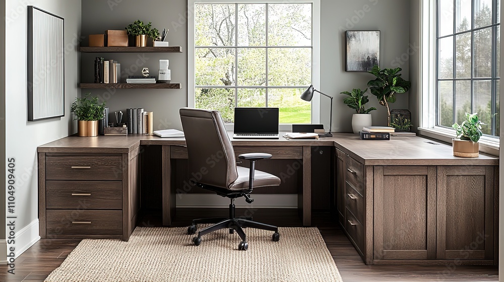 Modern home office with L-shaped desk, chair, and natural light. Modern home office with L-shaped desk, chair, and natural light.